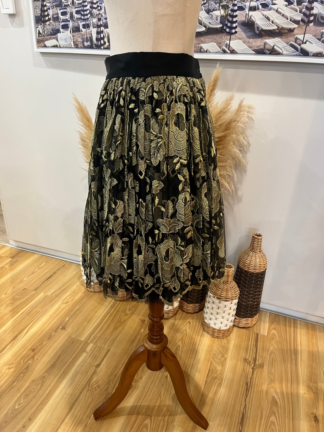 Jill Fitzsimon Black Skirt with Gold Floral Print