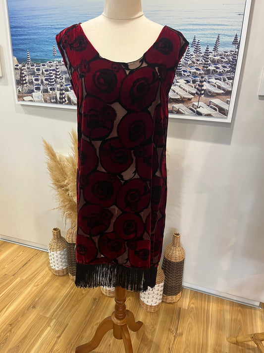 Velvet Dress with Red Roses and Black Fringe, M