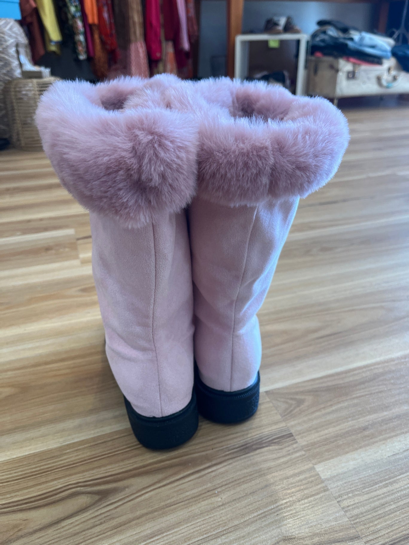 Pink Faux Suede Boots with Faux Fur Cuffs – Size 40