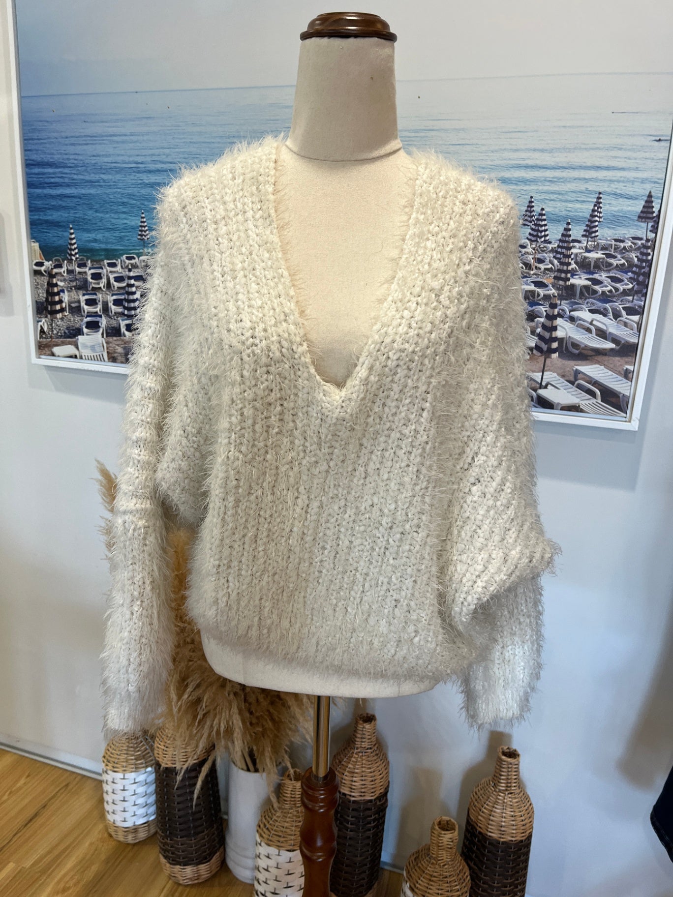 Miss Rebellion White Fluffy V-neck Jersey Size XS