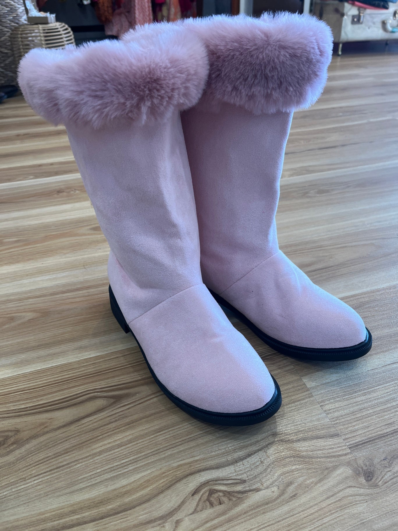 Pink Faux Suede Boots with Faux Fur Cuffs – Size 40