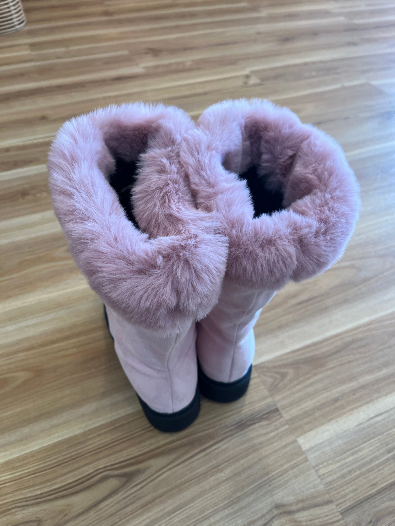 Pink Faux Suede Boots with Faux Fur Cuffs – Size 40