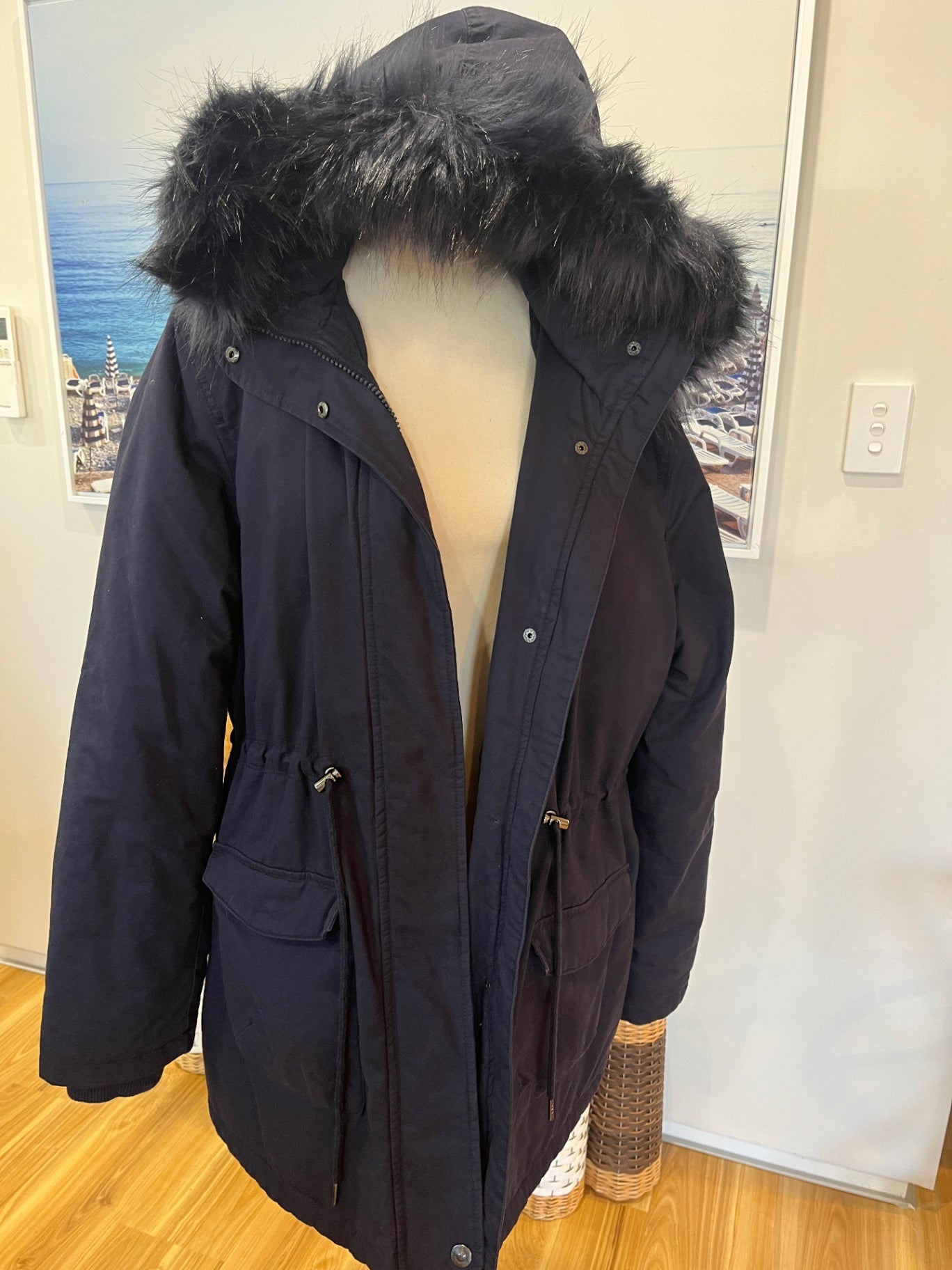 Sierra Winter Hood Faux Fur Blue Jacket Size 16