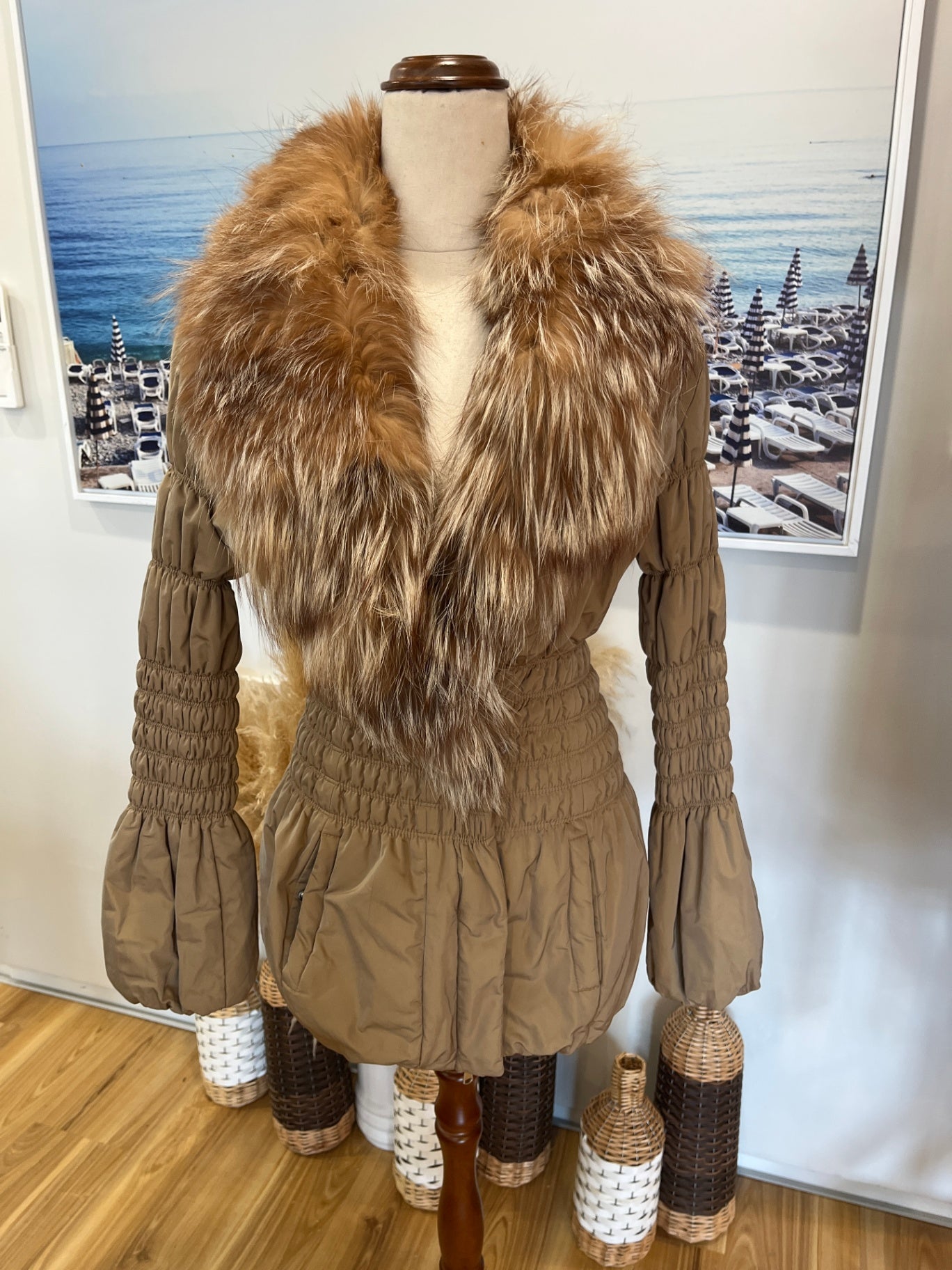 Made in Italy Jacket Faux Fur Trim Light Brown