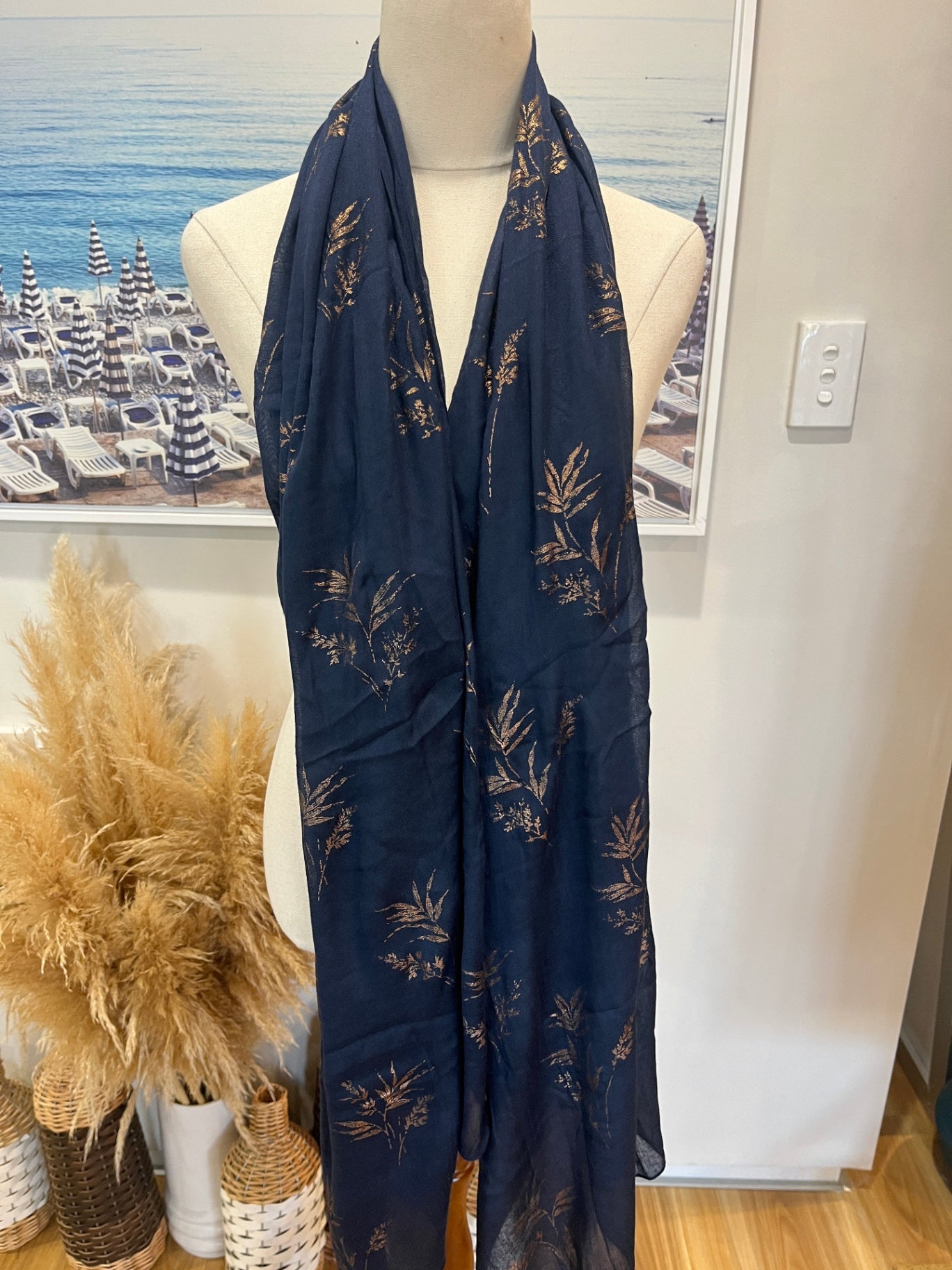  Navy Blue Scarf with Gold Botanical Print