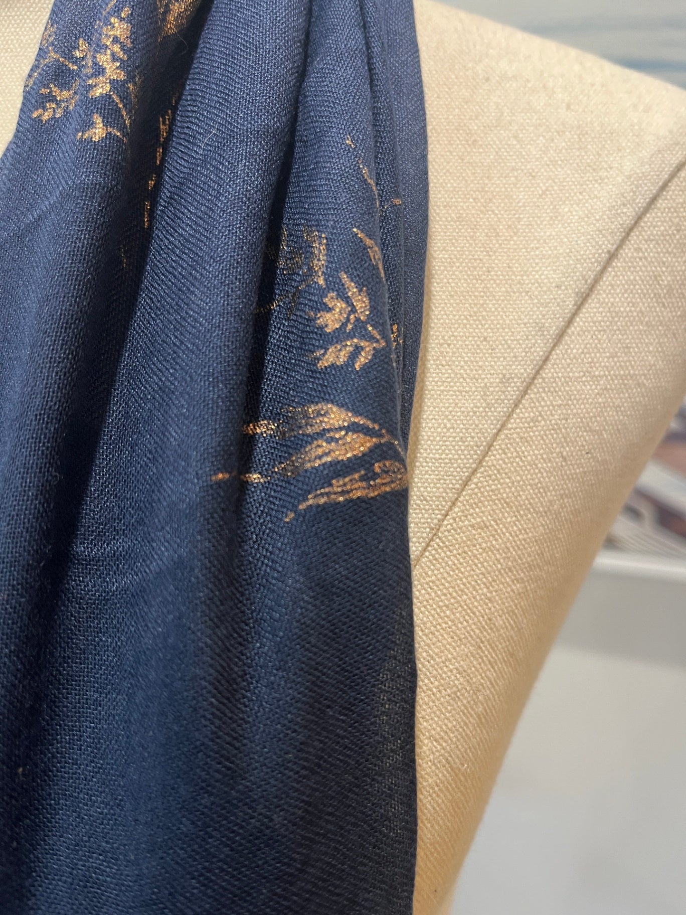  Navy Blue Scarf with Gold Botanical Print