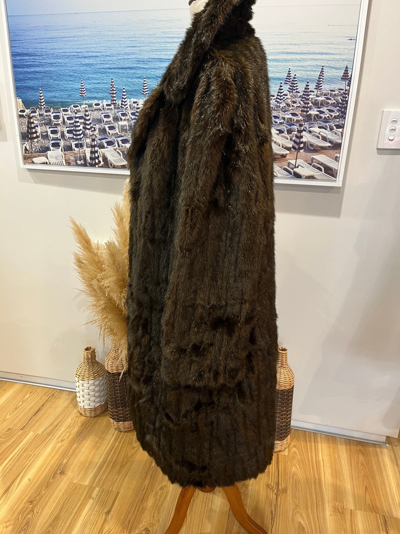 NZ Made Brown Longline Faux Fur Coat – Size 20 | Cozy & Elegant