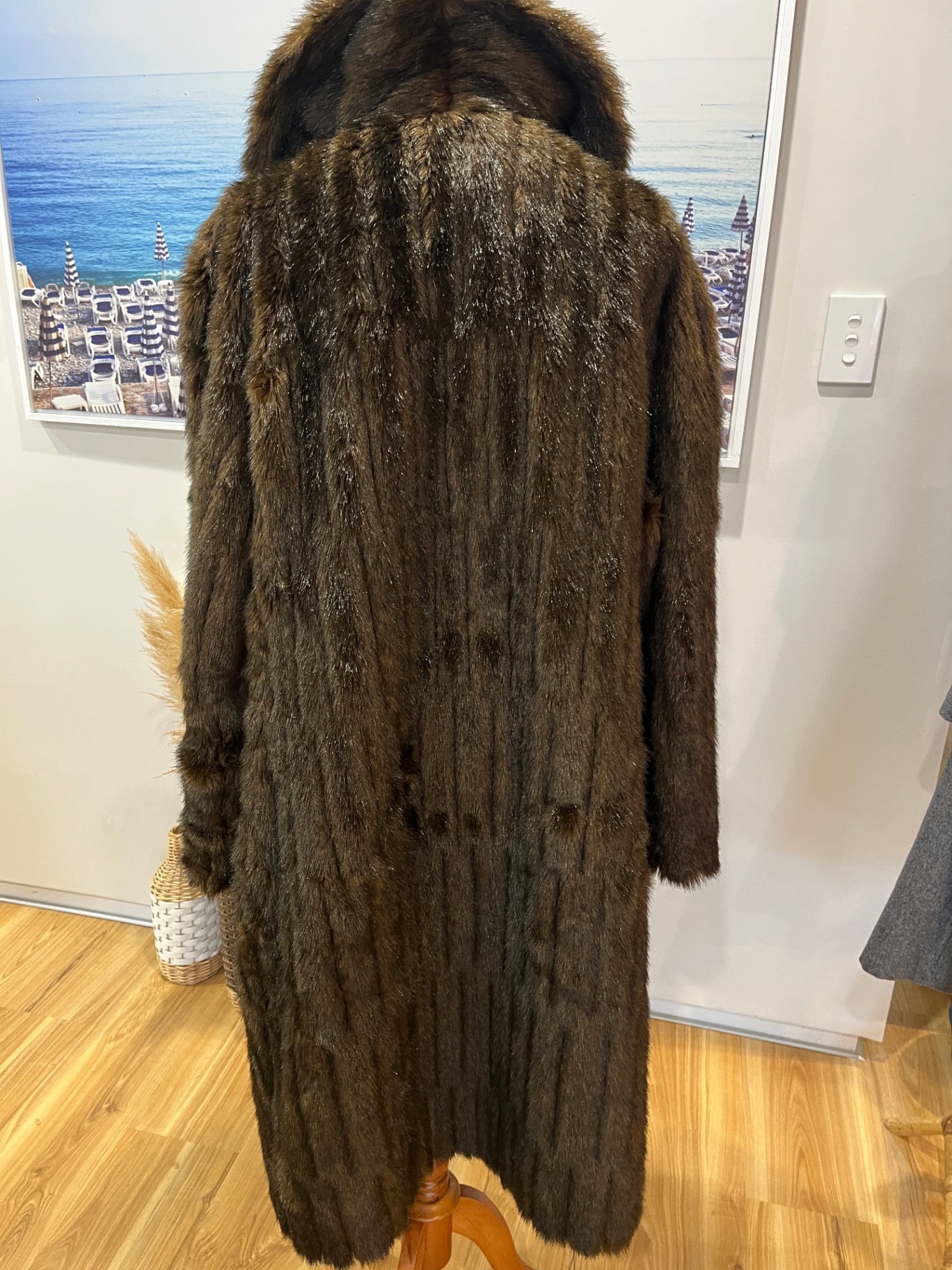 NZ Made Brown Longline Faux Fur Coat – Size 20 | Cozy & Elegant