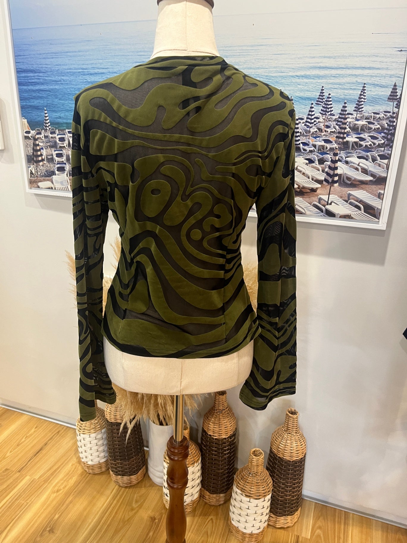 Dangerfield Green & Black Camo Top – Size 8 | Velvet & Mesh Detail