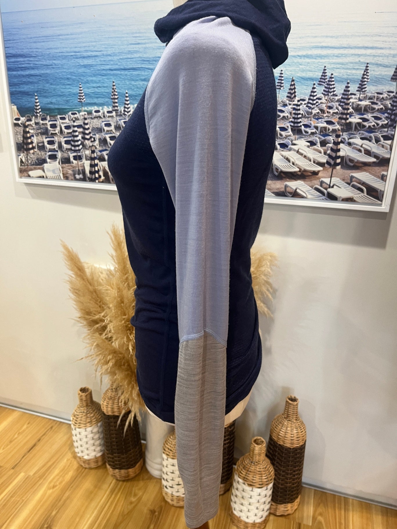 Mons Royale Merino Wool Top – Navy & Light Blue | Women's XS