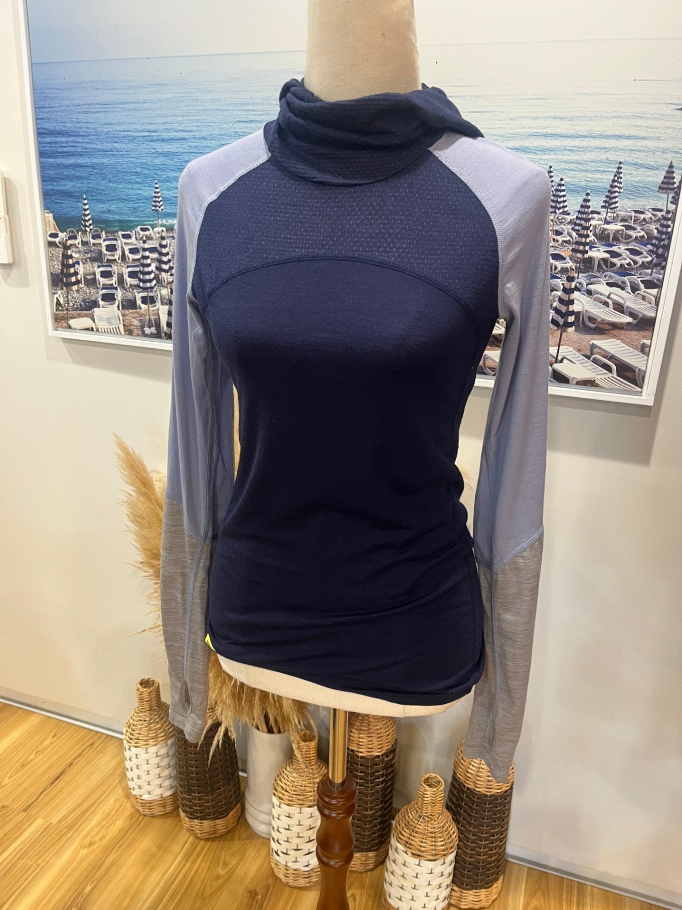 Mons Royale Merino Wool Top – Navy & Light Blue | Women's XS