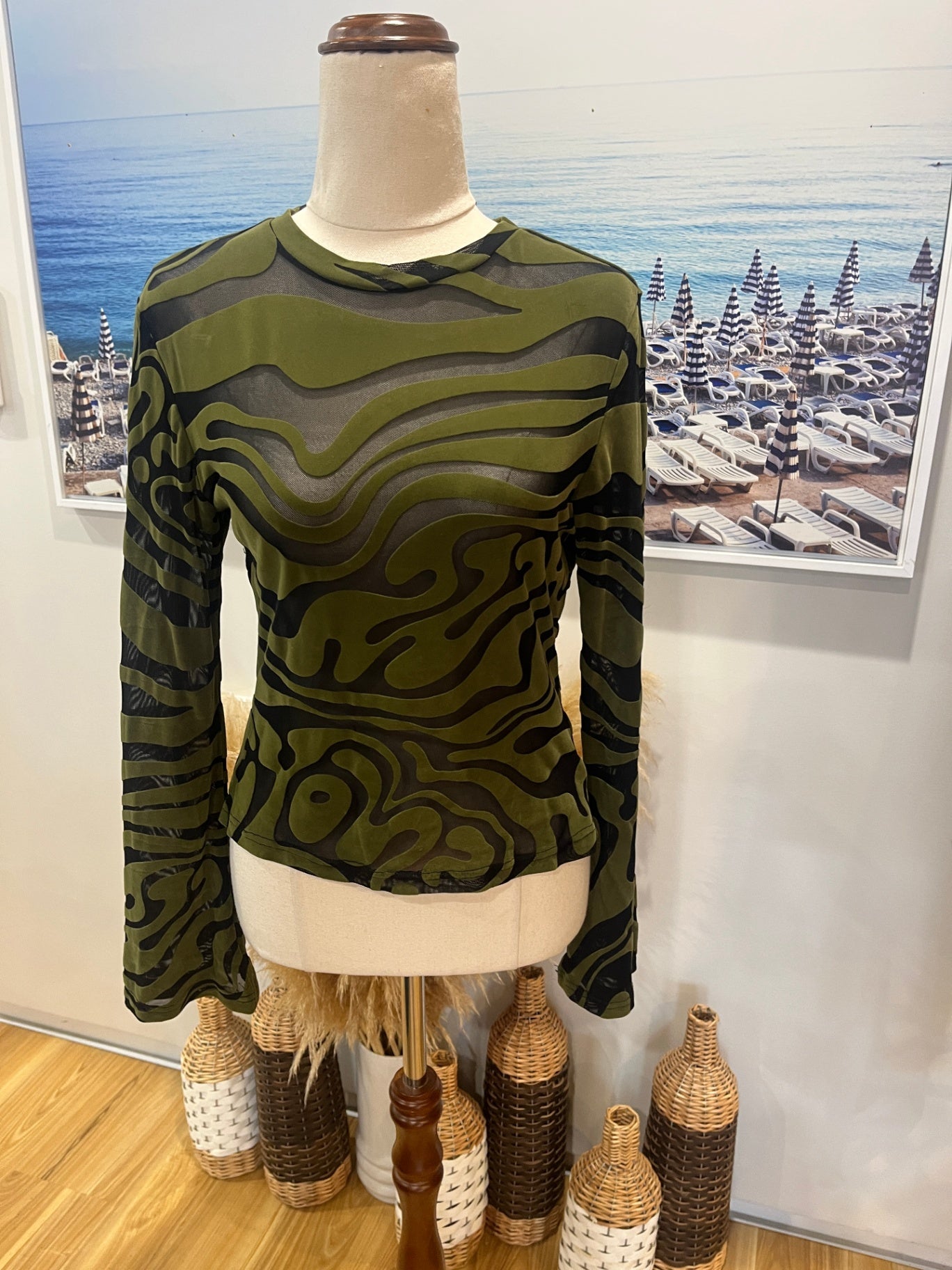 Dangerfield Green & Black Camo Top – Size 8 | Velvet & Mesh Detail