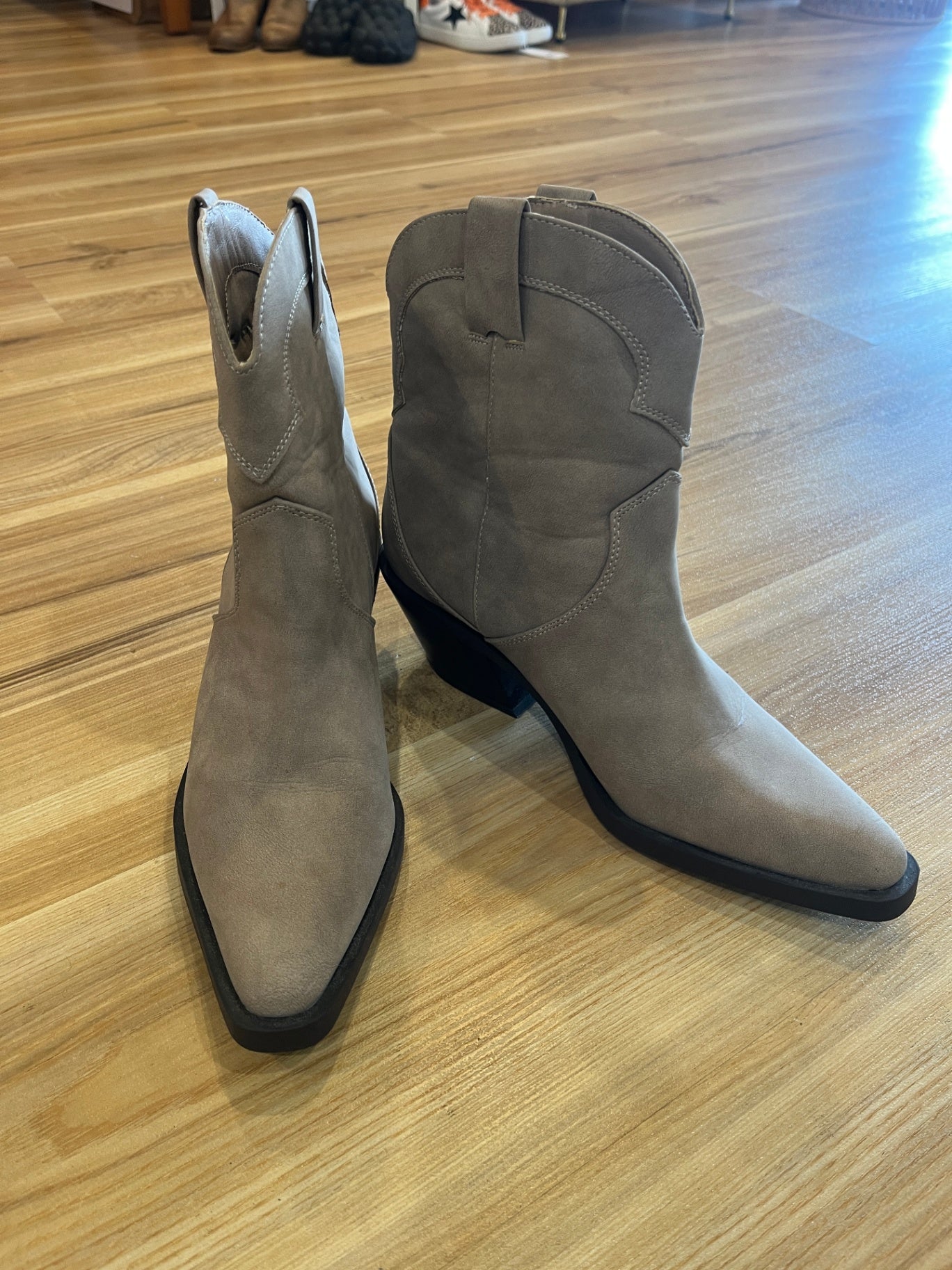 Rubi Taupe Faux Leather Cowgirl Boots – Size 40 | Chic Western Style