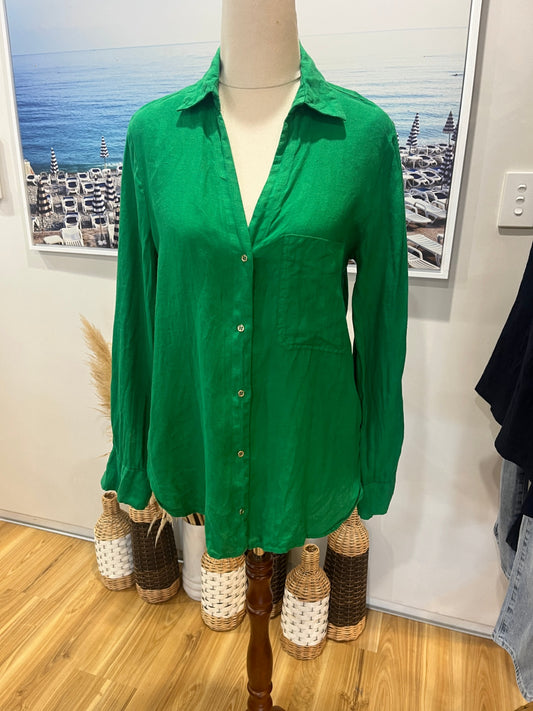 Zara 100% Linen Shirt – Bright Green | Women's XS