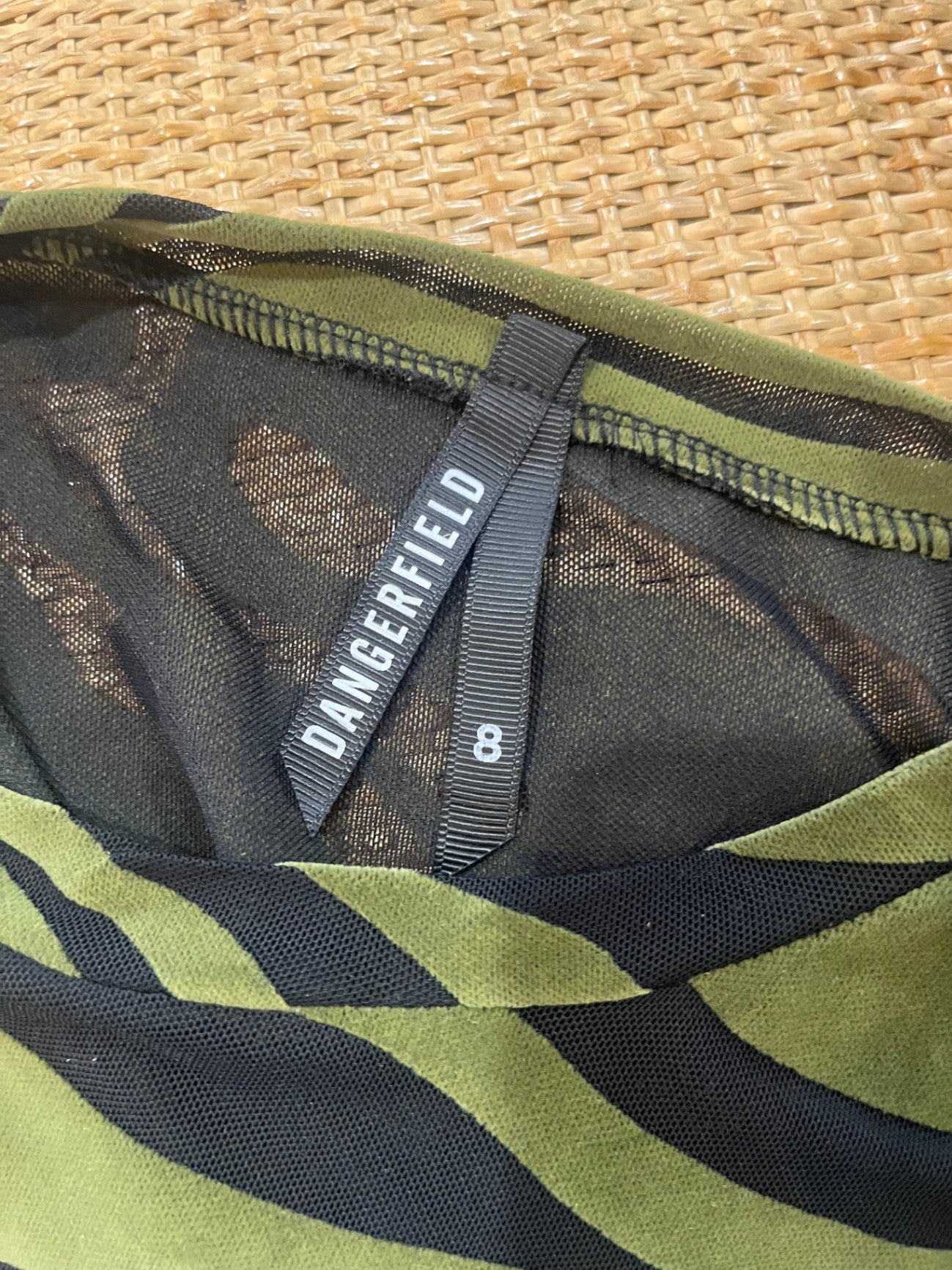 Dangerfield Green & Black Camo Top – Size 8 | Velvet & Mesh Detail