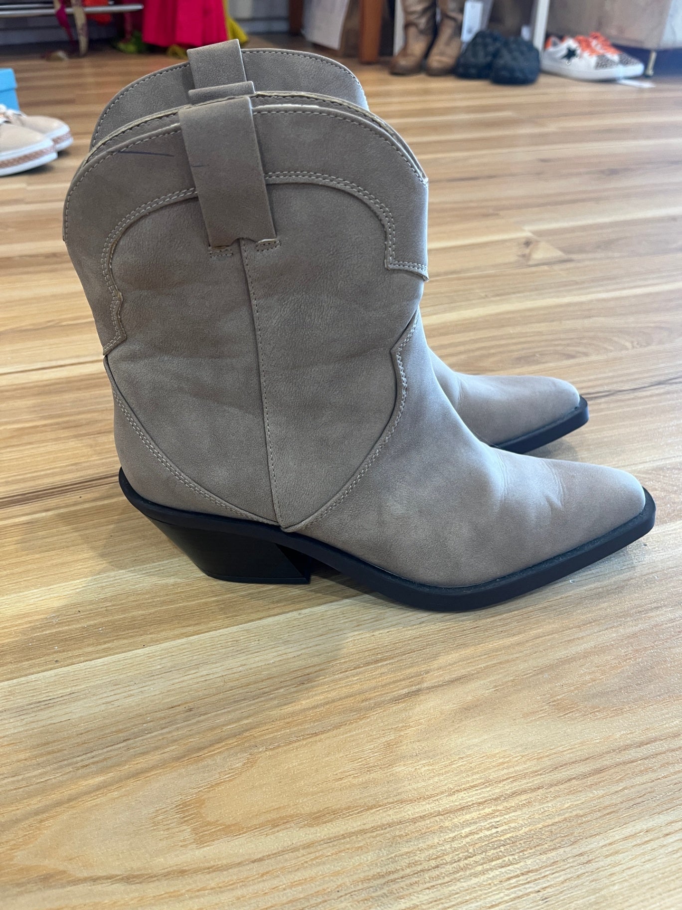 Rubi Taupe Faux Leather Cowgirl Boots – Size 40 | Chic Western Style