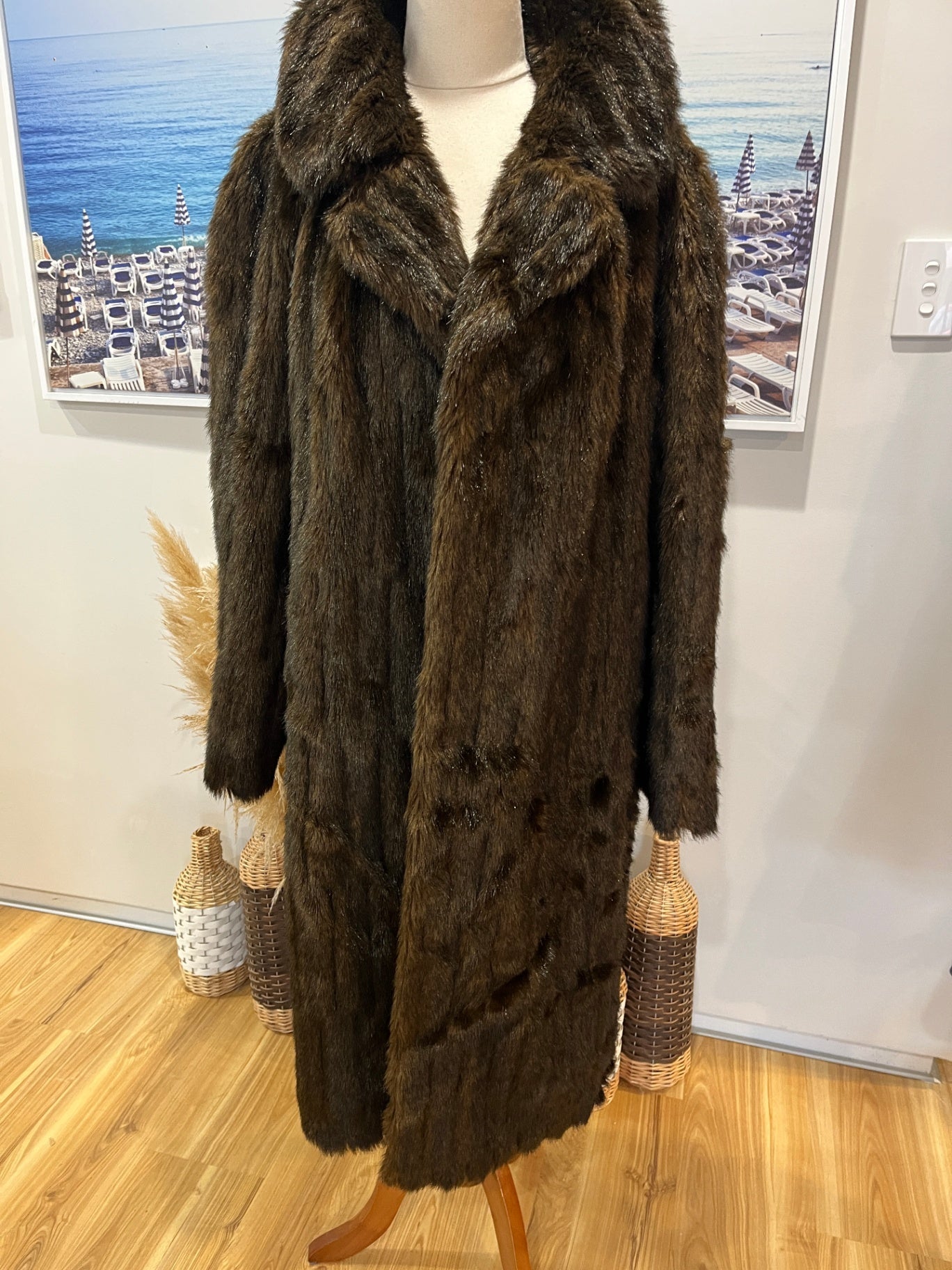 NZ Made Brown Longline Faux Fur Coat – Size 20 | Cozy & Elegant