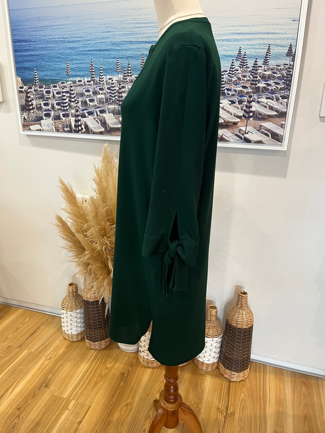Zara Forest Green Shift Dress | Tie-Up 3/4 Sleeves | Size Small