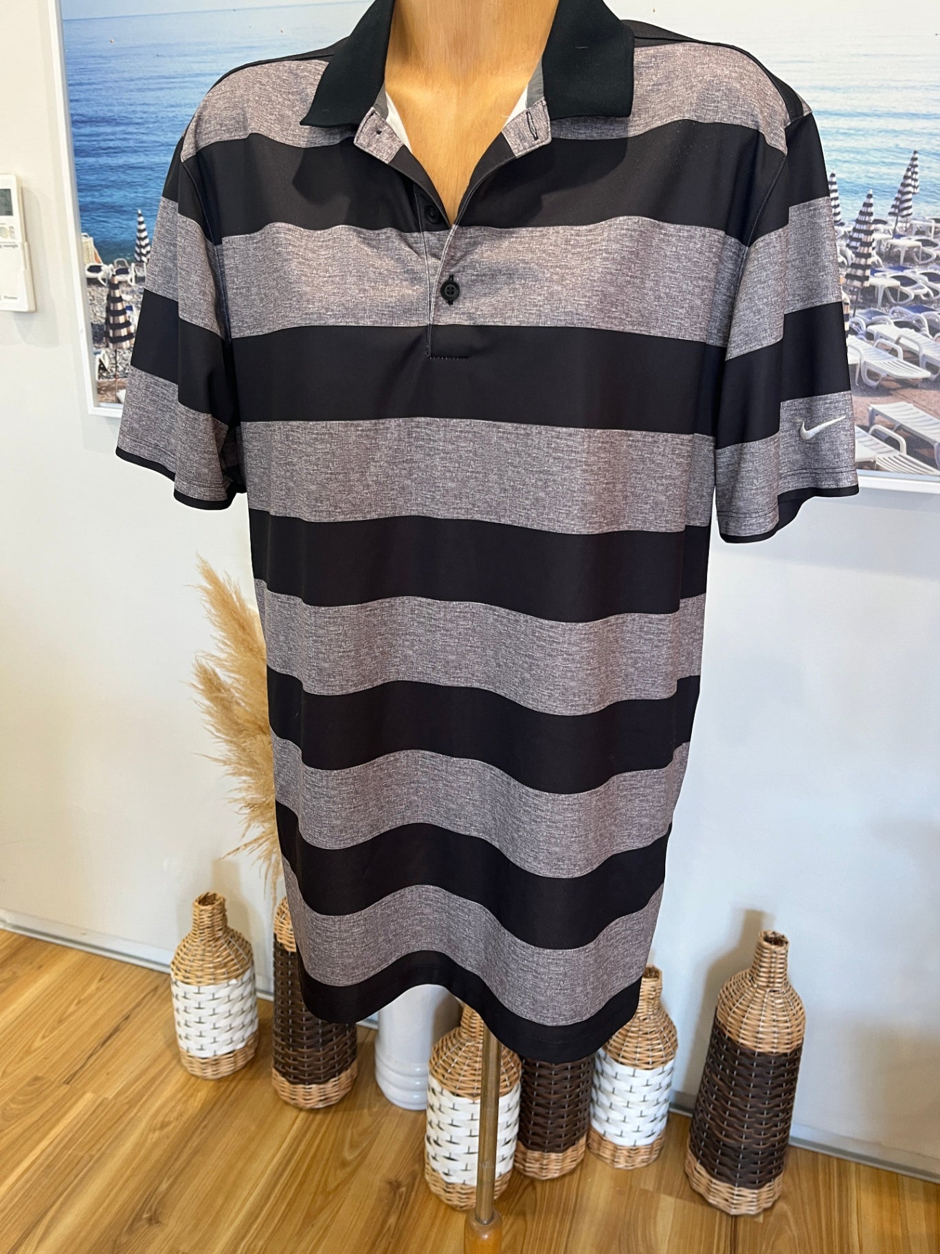 Nike Golf Classic Polo Shirt | Grey & Black Stripes | Lightweight | Medium