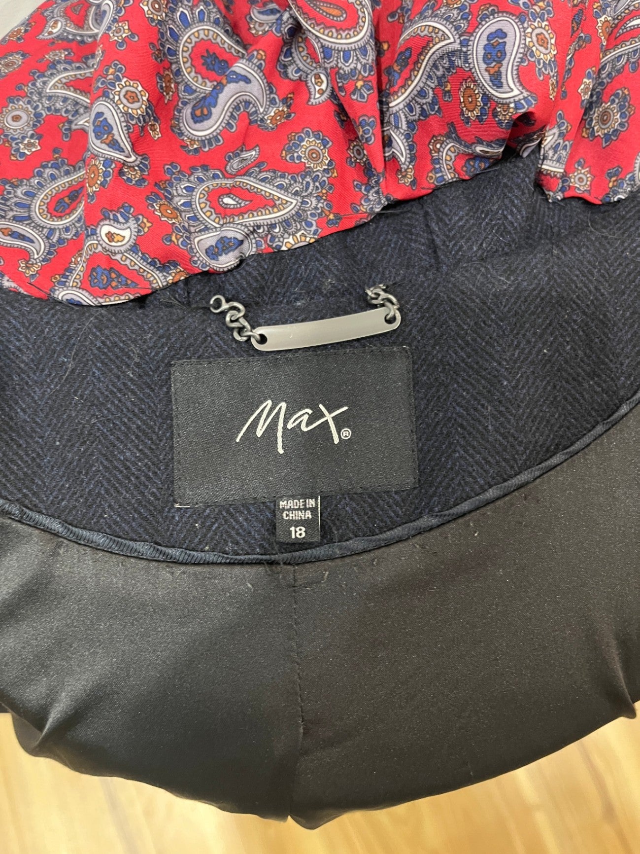 Max Hooded Wool Blend Winter Jacket | Dark Blue | Fully Lined | Size 18
