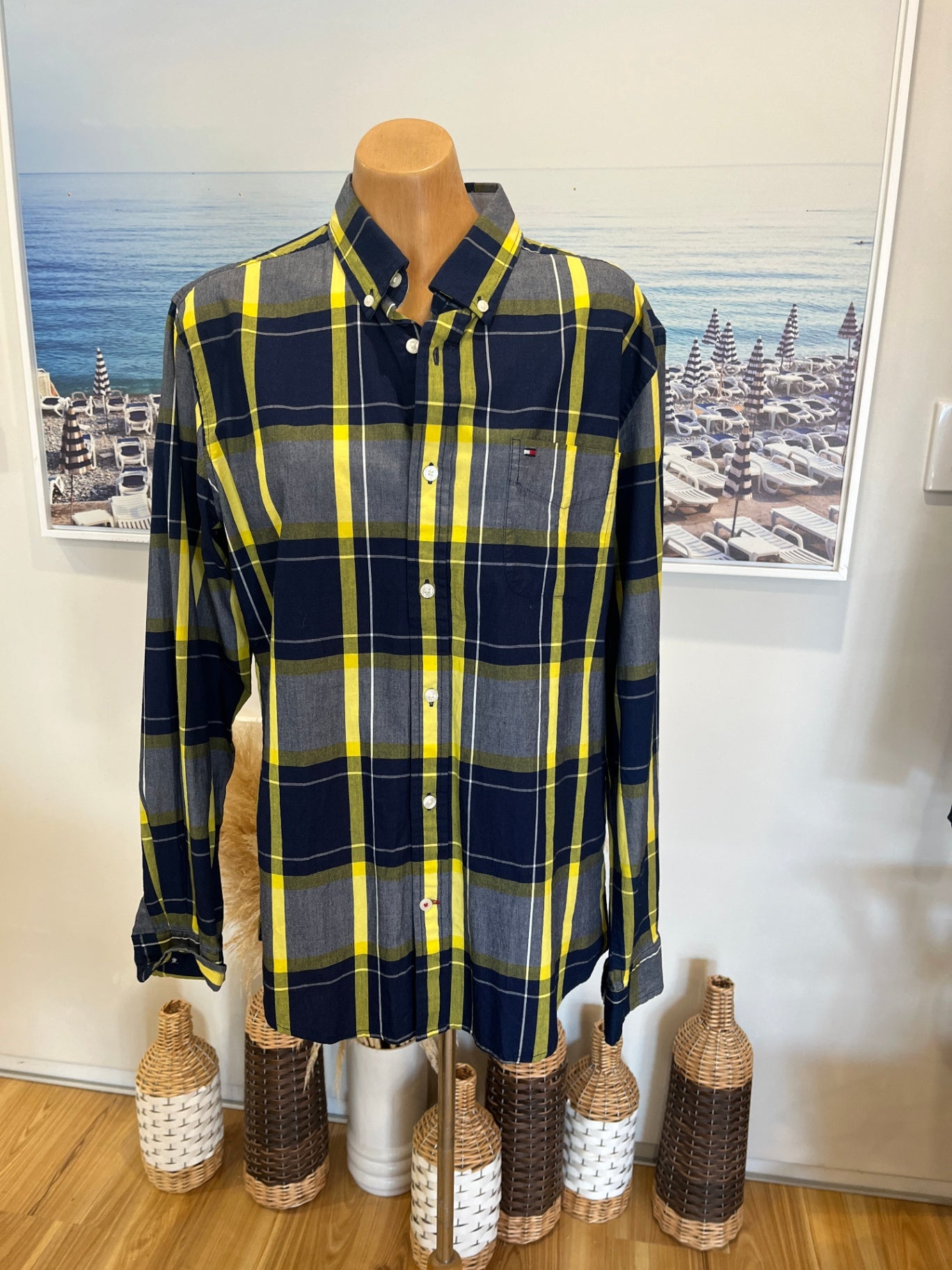 Tommy Hilfiger Men's Indigo Shirt | Blue Yellow Check | Medium