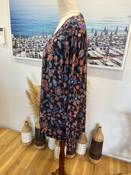 [SALE] Blue Illusion Multicolour Floral Blouse | Gathered Sleeves with Cuffs | XL