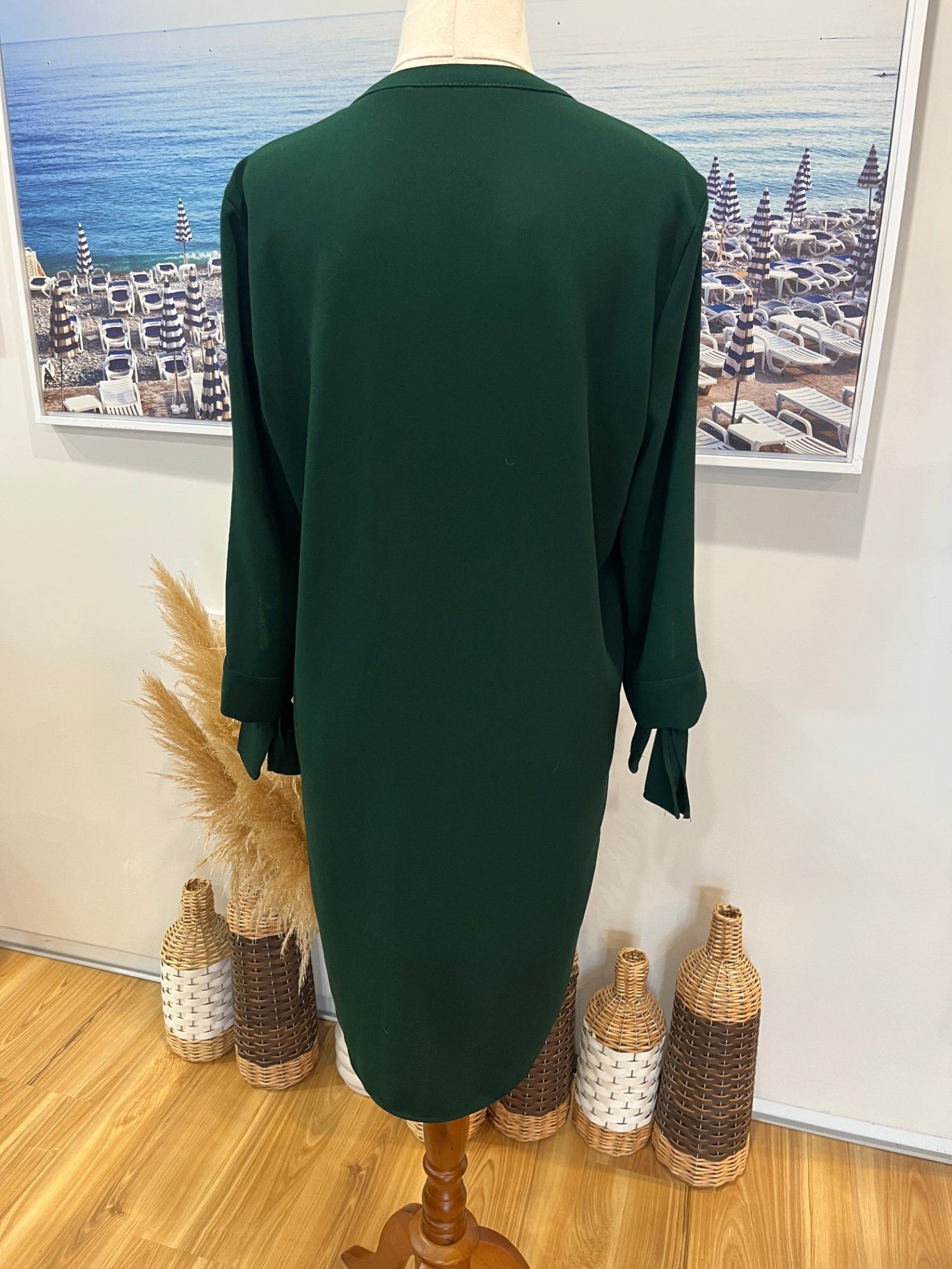 Zara Forest Green Shift Dress | Tie-Up 3/4 Sleeves | Size Small