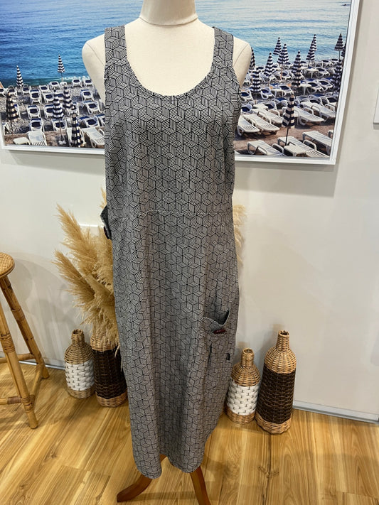 [SALE] Vixen Black & White Aztec Pinafore Apron Dress | Midi | Small