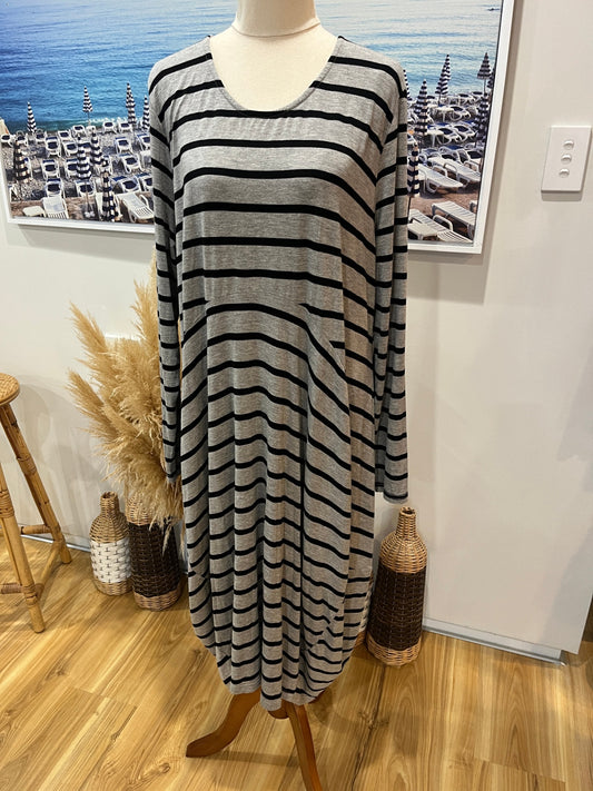 [SALE] Black Stone Grey & Black Stripe Dress | Bell Shaped | Size 16