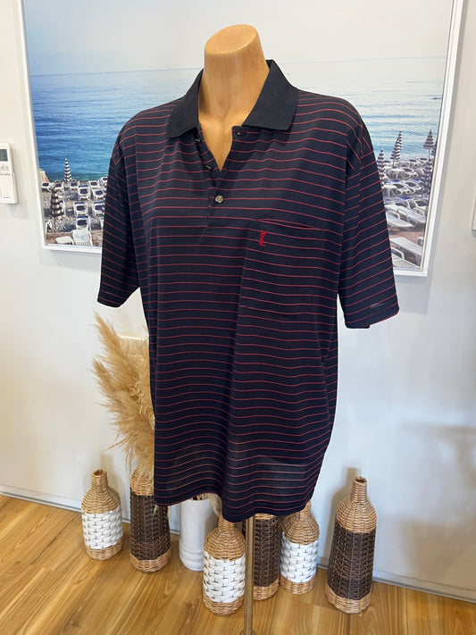 [SALE] Yves Saint Laurent Classic Polo Shirt | Dark Blue Red Stripes | Size Large