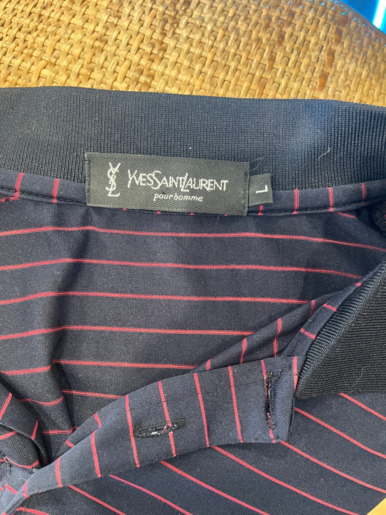 Yves Saint Laurent Classic Polo Shirt | Dark Blue Red Stripes | Size Large