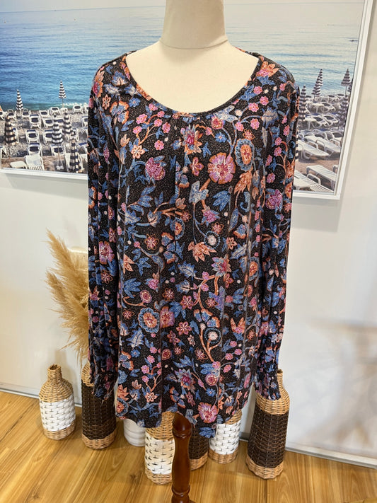 [SALE] Blue Illusion Multicolour Floral Blouse | Gathered Sleeves with Cuffs | XL