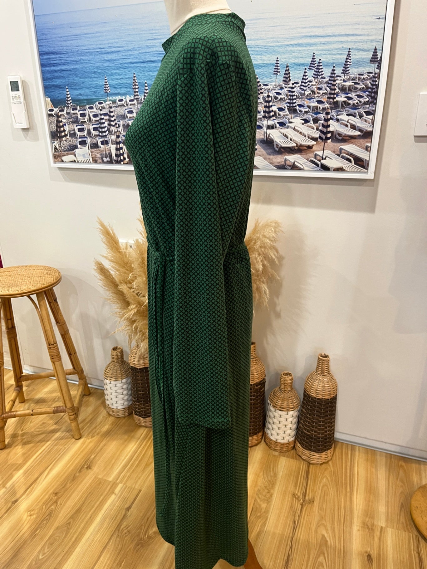 Forest Green Long Sleeve Midi Dress | Tie Waist | Size Medium