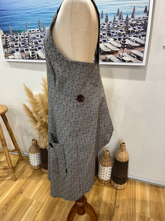 [SALE] Vixen Black & White Aztec Pinafore Apron Dress | Midi | Small