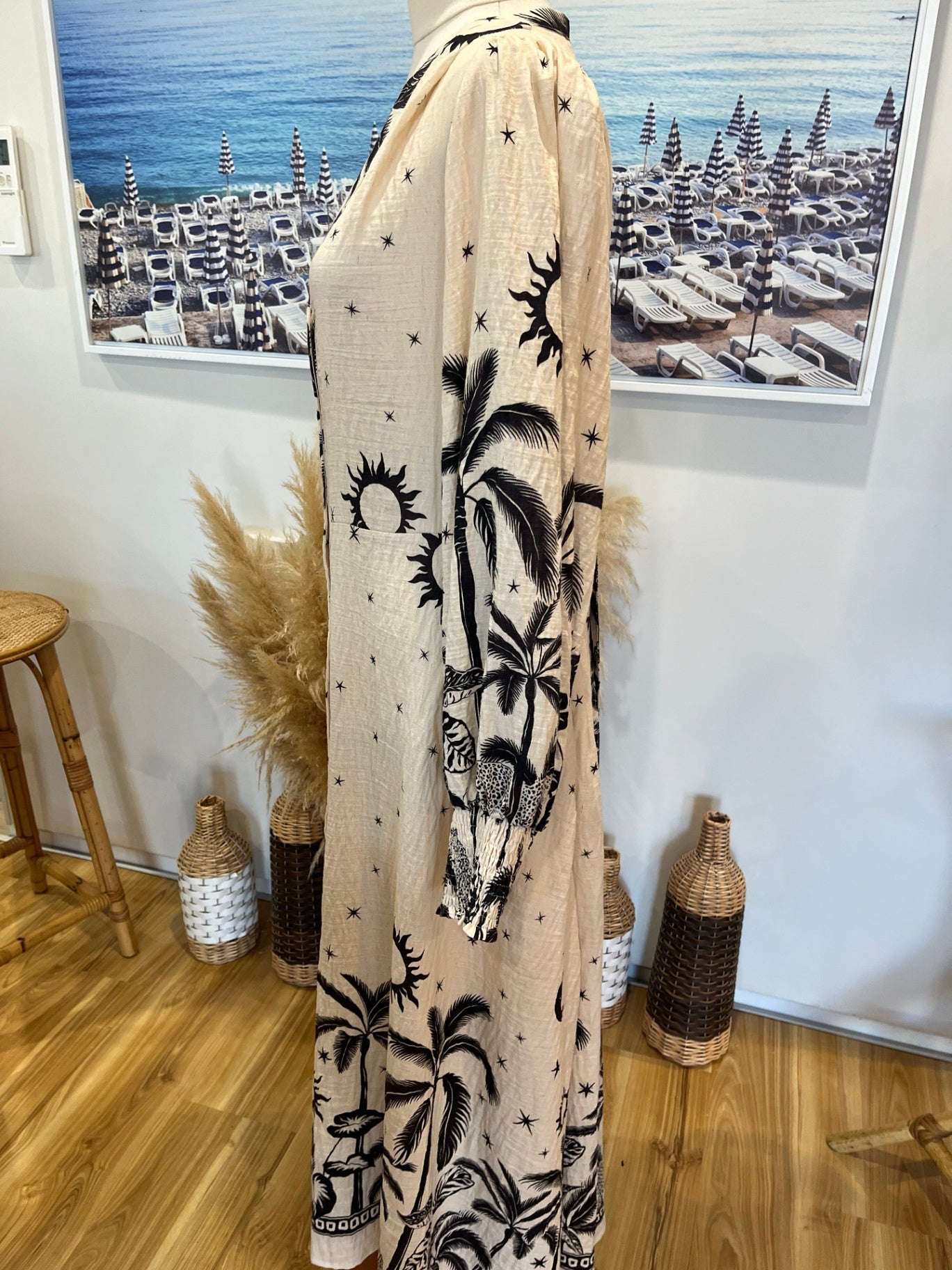 Iris Linen Blend Maxi Dress Cream Brown Tropical Print Tie Back XL
