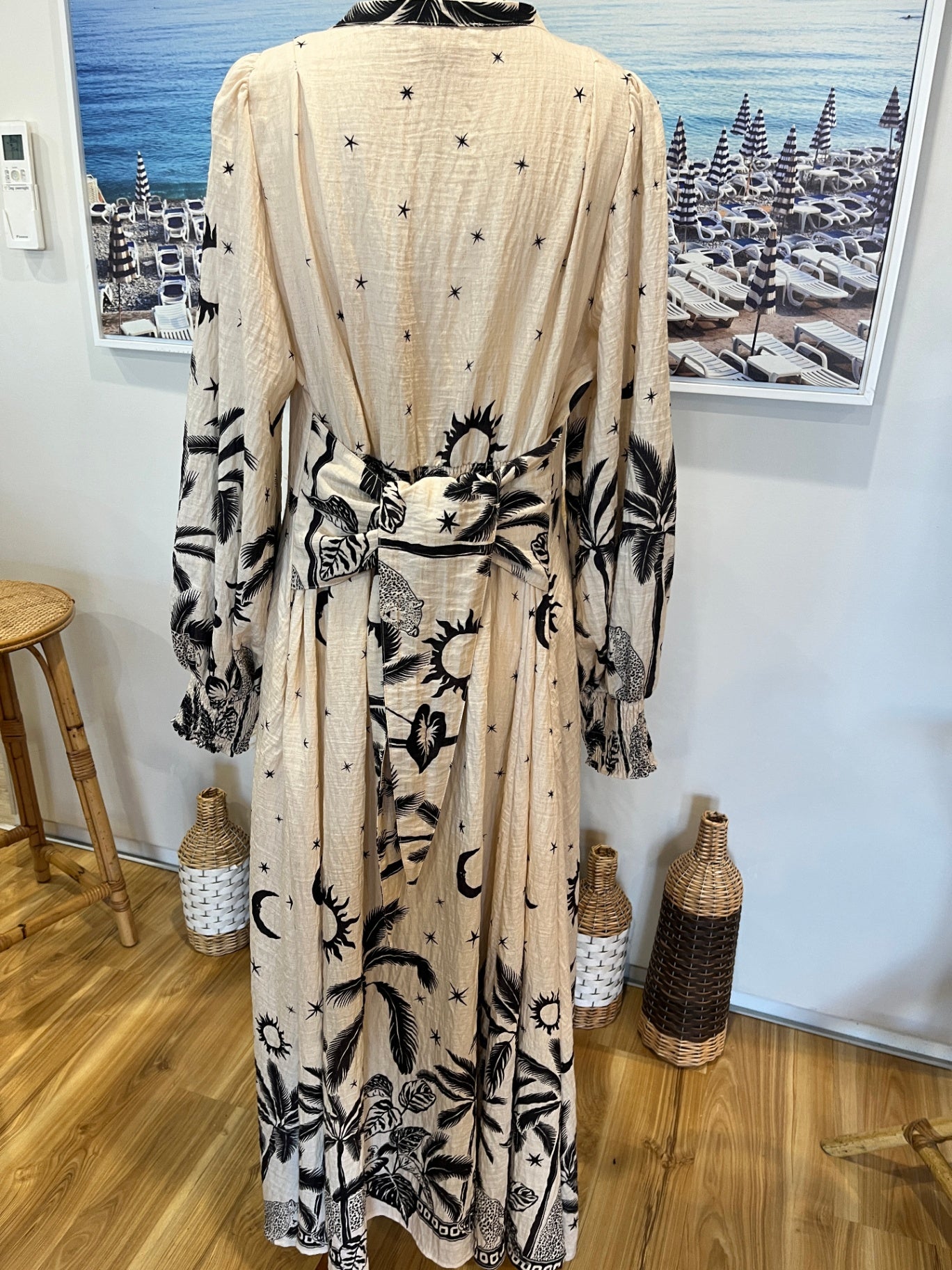 Iris Linen Blend Maxi Dress Cream Brown Tropical Print Tie Back XL