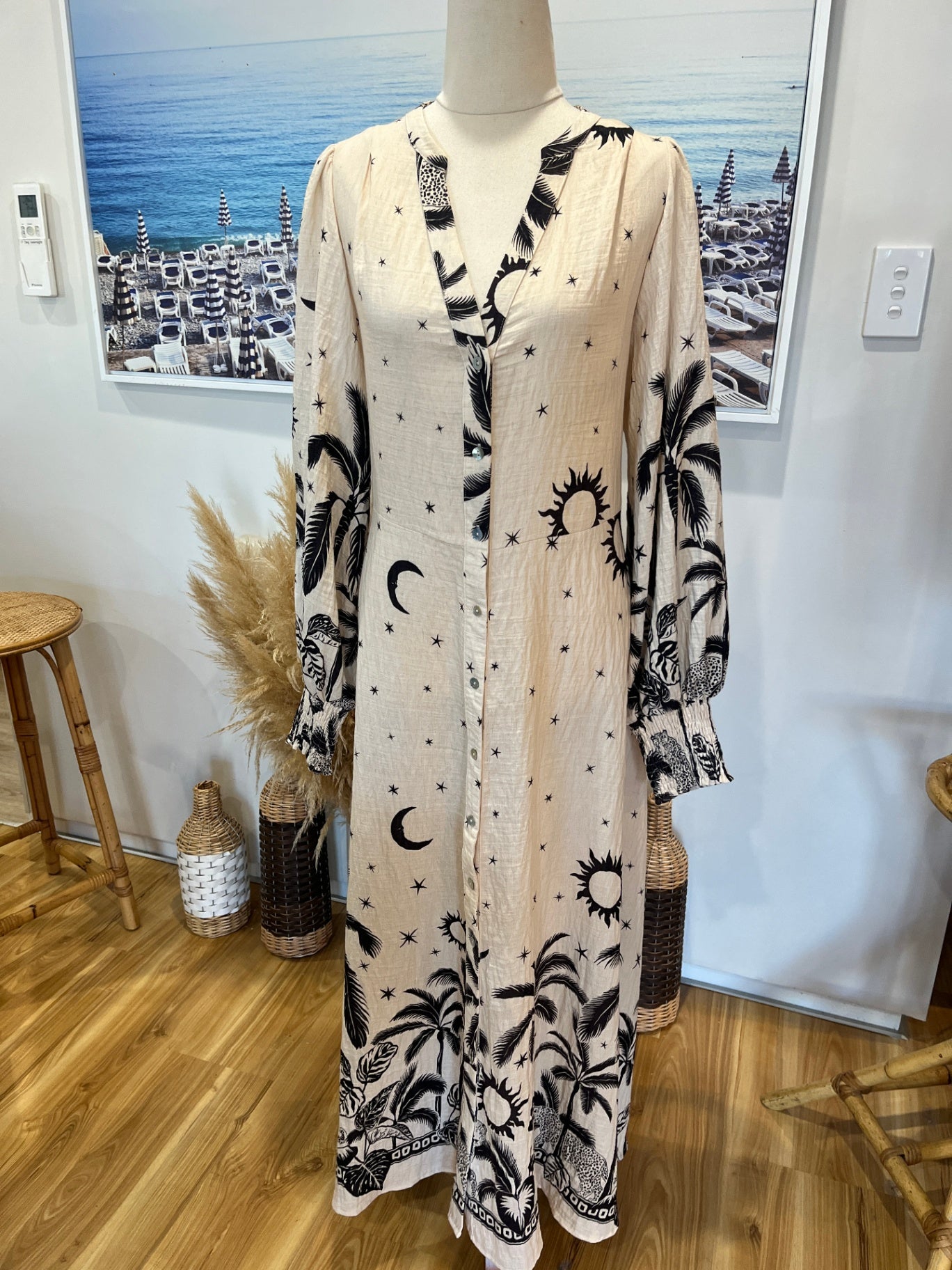 Iris Linen Blend Maxi Dress Cream Brown Tropical Print Tie Back XL