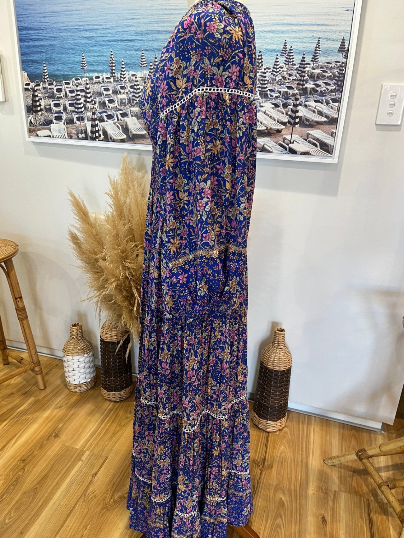 Boho Dress M Blue with multicolor floral pattern