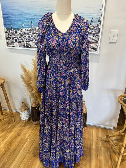 Boho Dress M Blue with multicolor floral pattern