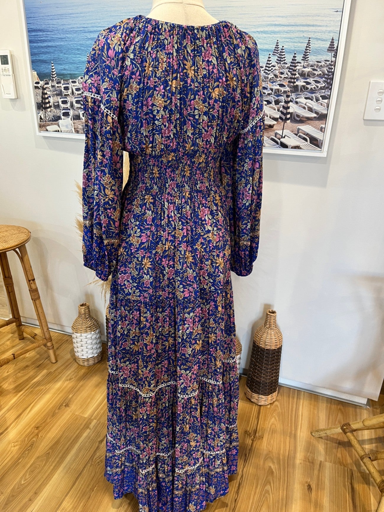 Boho Dress M Blue with multicolor floral pattern