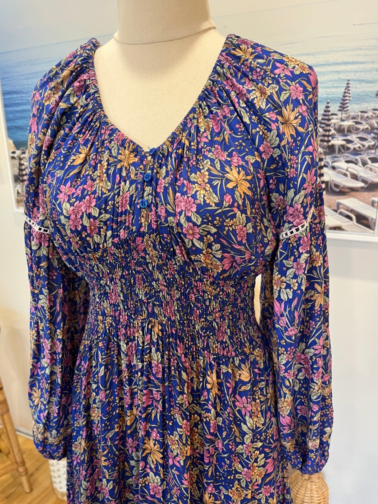 Boho Dress M Blue with multicolor floral pattern