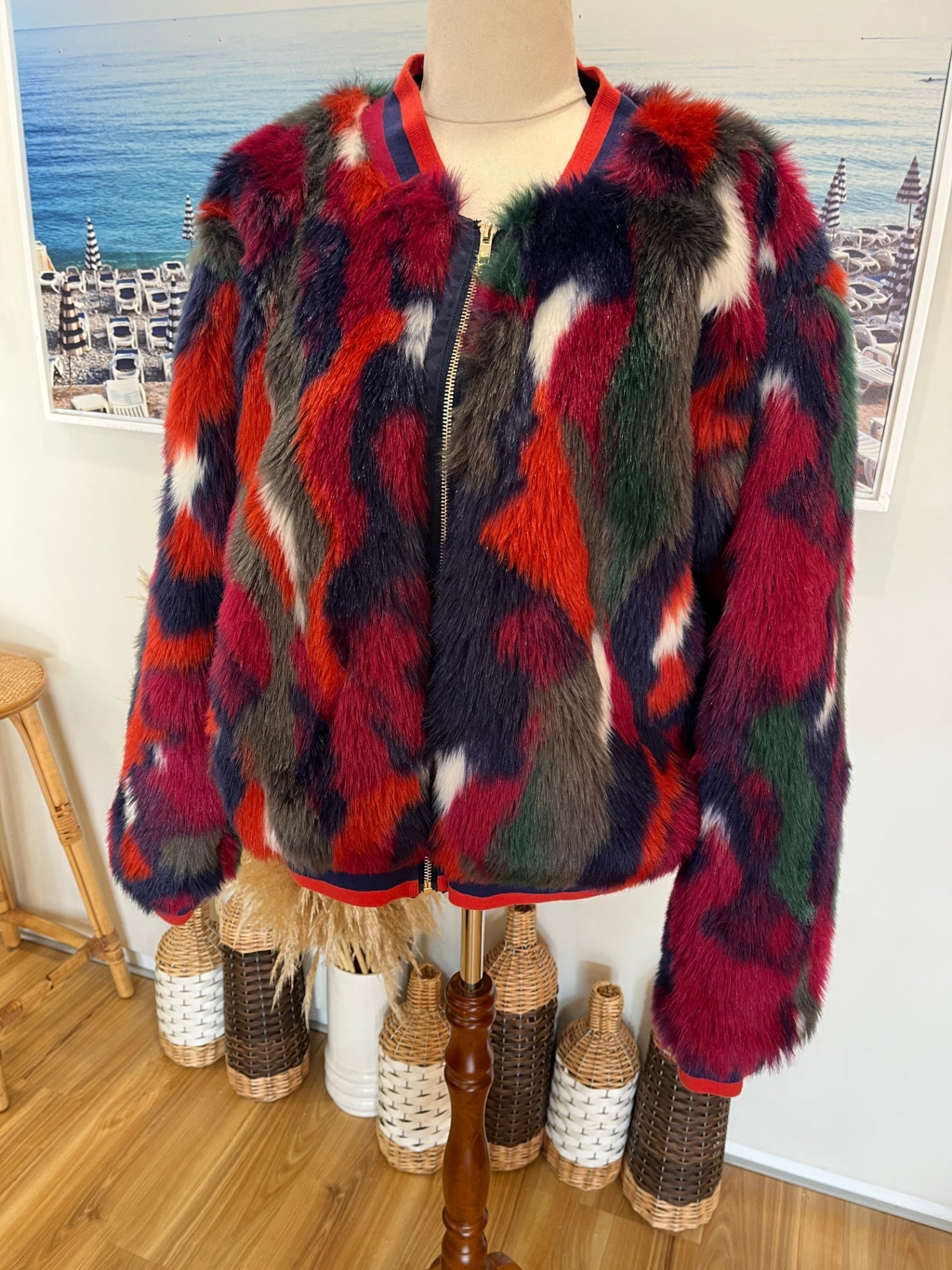 Augustine Faux Fur Bomber Jacket – Multicolor | Size Large