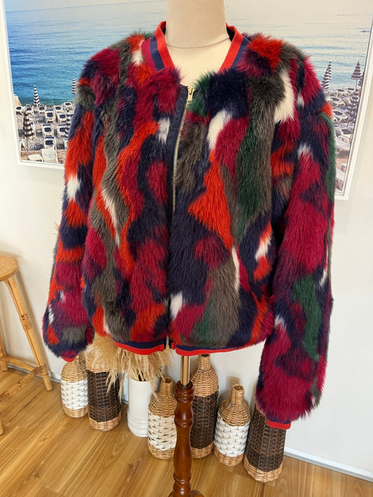 Augustine Faux Fur Bomber Jacket – Multicolor | Size Large