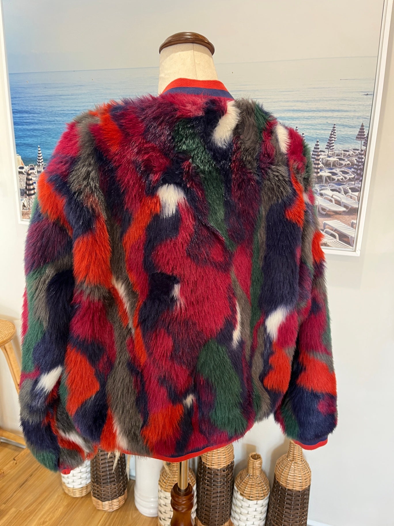 Augustine Faux Fur Bomber Jacket – Multicolor | Size Large