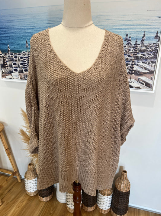 Halo & Hazard Beige Knit Jersey Top | Relaxed Fit | 3/4 Sleeve | Size M