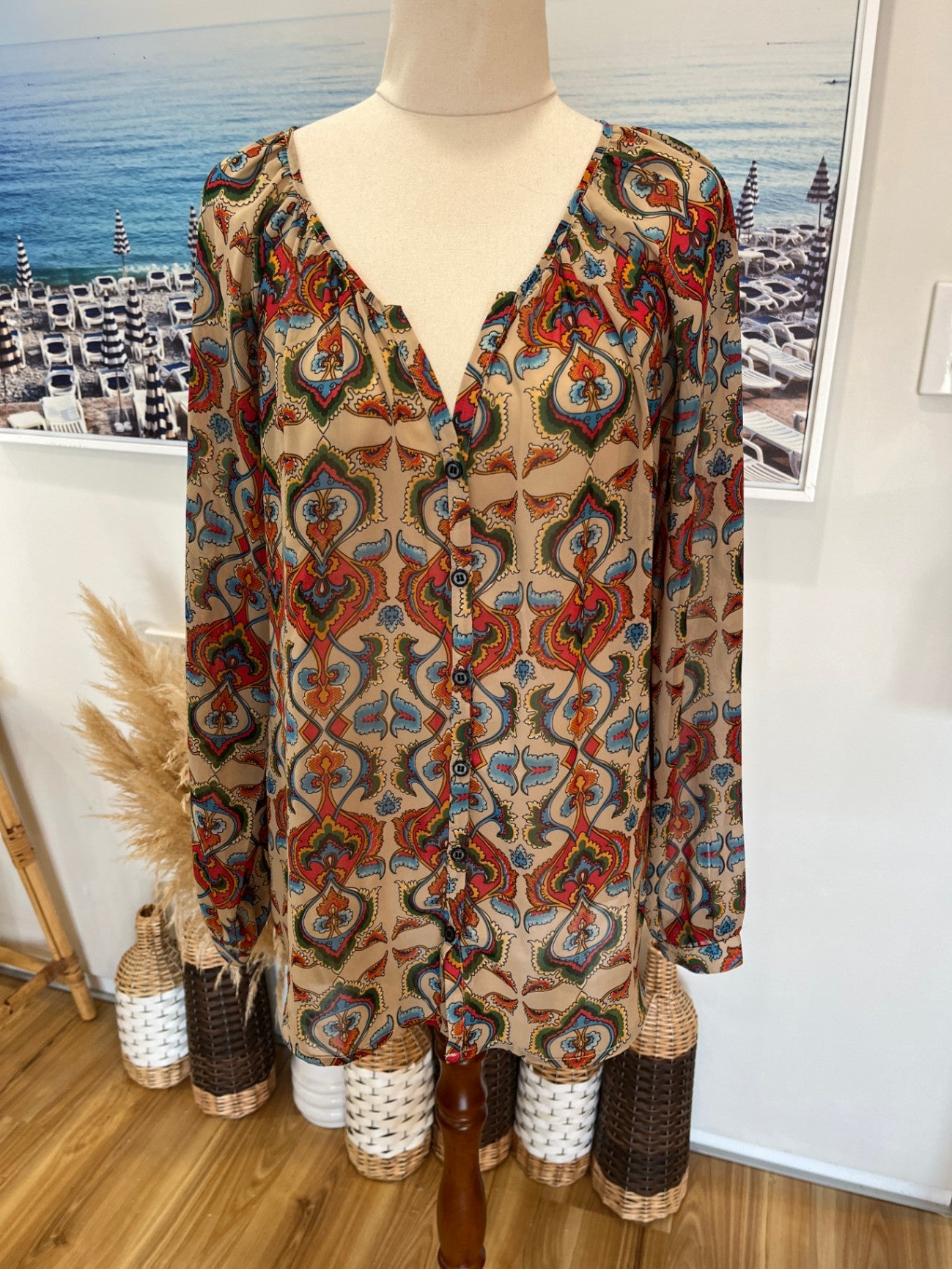 Atmosphere Studio Paisley Blouse Size 10 | Beige Flowy Boho Top