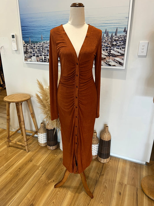 Showpo Rust Bodycon Dress | Size 38 | Slinky Shiny Button-Up Style