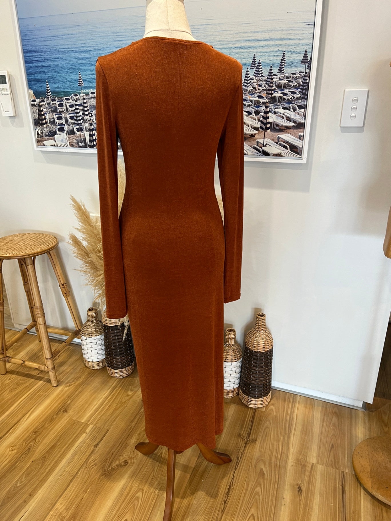 Showpo Rust Bodycon Dress | Size 38 | Slinky Shiny Button-Up Style
