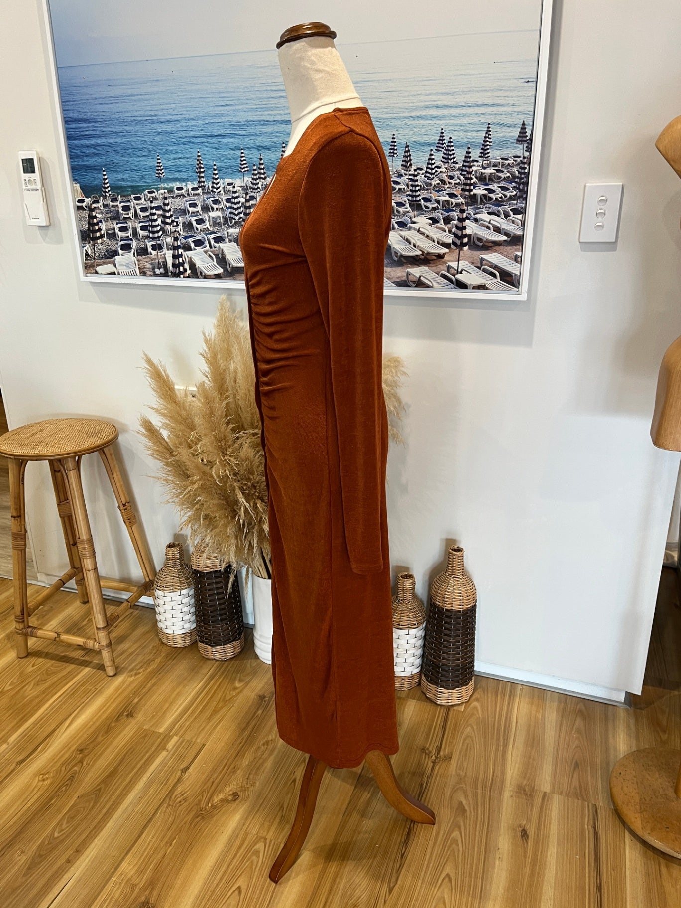Showpo Rust Bodycon Dress | Size 38 | Slinky Shiny Button-Up Style