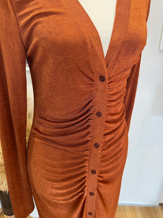 Showpo Rust Bodycon Dress | Size 38 | Slinky Shiny Button-Up Style